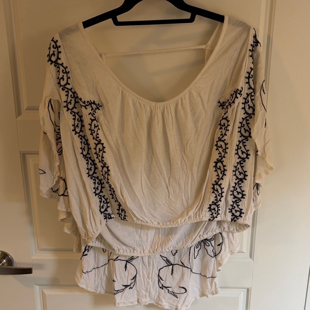 Free People White Blouse with Black Embroidery